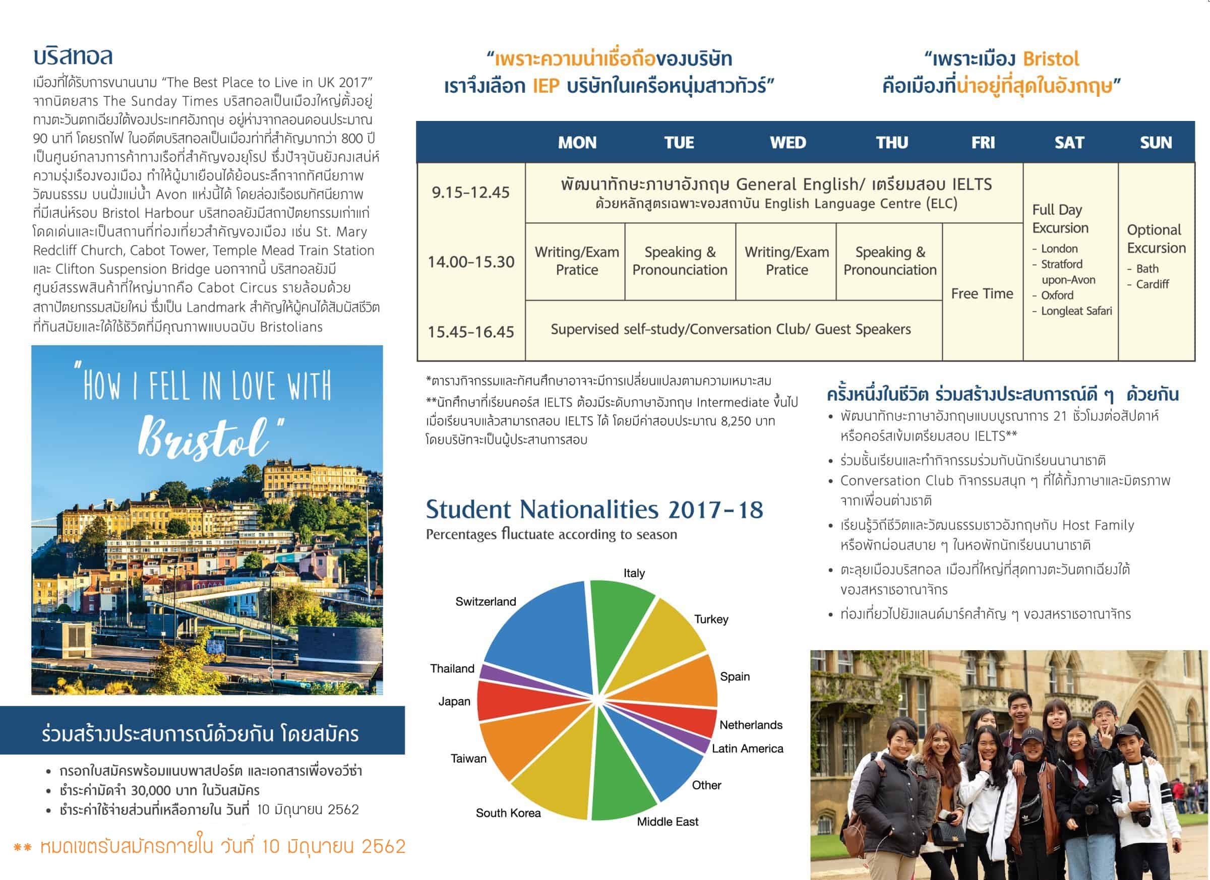 เรียนซัมเมอร์ต่างประเทศ ELC Bristol English Summer Camp April 2019 in UK เรียนซัมเมอร์ต่างประเทศ English Language Centre-Schedule of ELC Bristol English Summer Camp April 2019 in UK